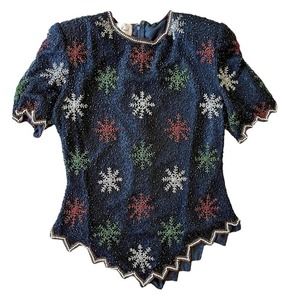 Laurence Kazar Vintage Shirt Beaded Silk Top Holiday Party Snowflakes Small